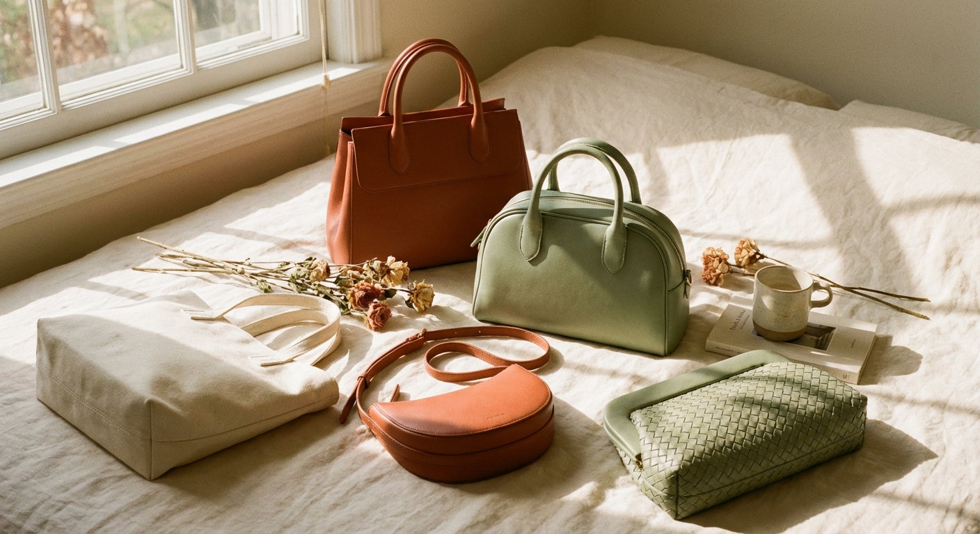 A flat lay of five spring 2026 handbag styles in warm tones arranged on a cream linen surface in natural light.
