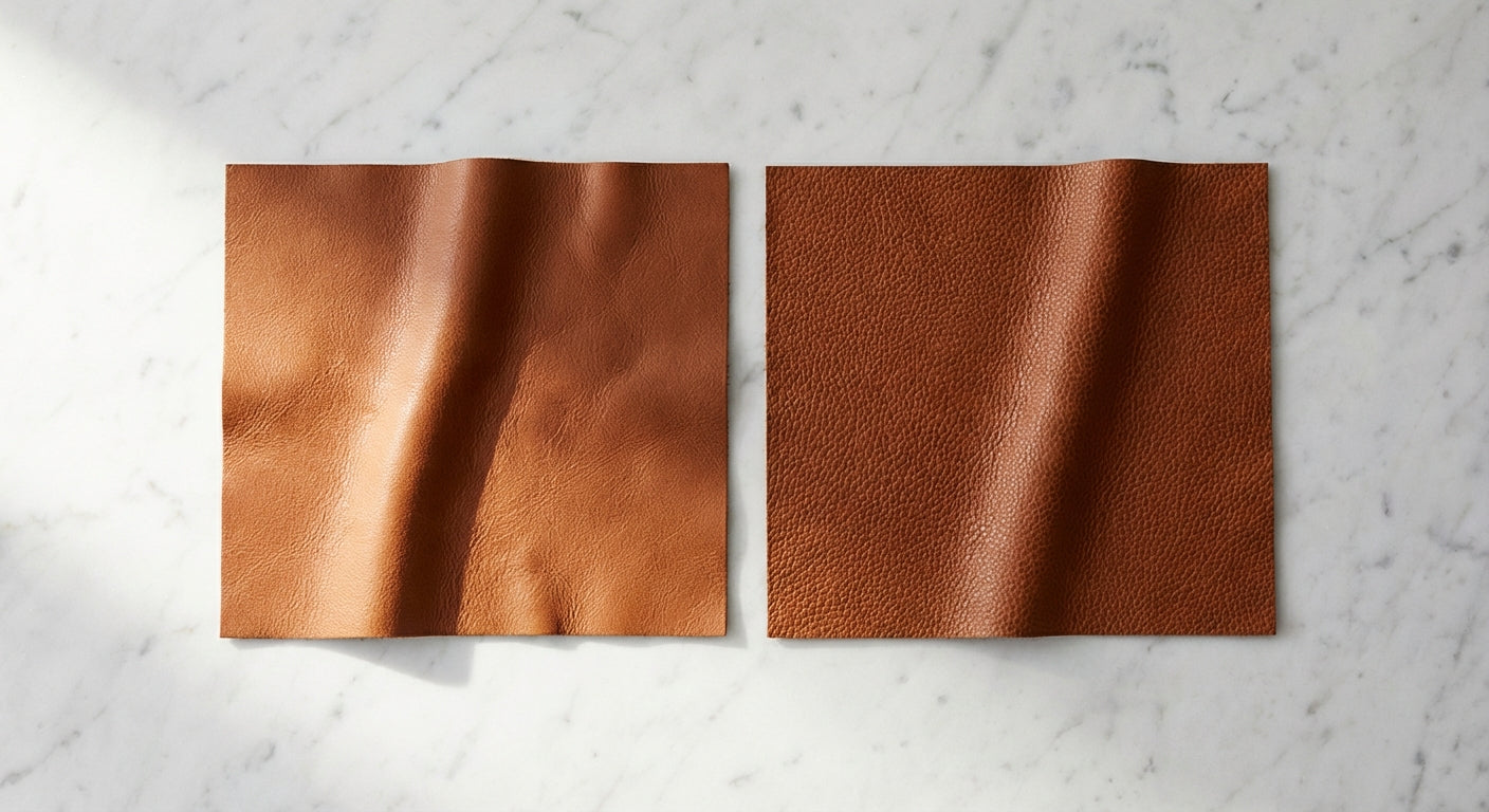 Two Italian leather swatches with contrasting textures — one natural grain and one embossed — displayed side by side on a marble surface under soft natural light.